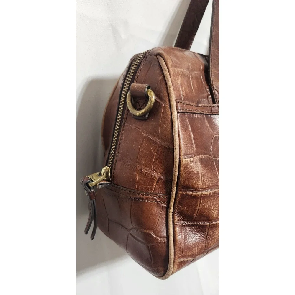 Fossil Brown Croc Embossed Leather Satchel Handbag SHB1140 Brass Hardware